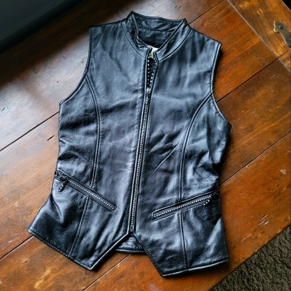 90s Cache Calf Leather Rhinestone Zippers Grunge Glam Biker Western XS Black